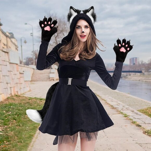 Faux Fur Wolf Ears Headband Plush Tail Gloves Costume Accessory Set